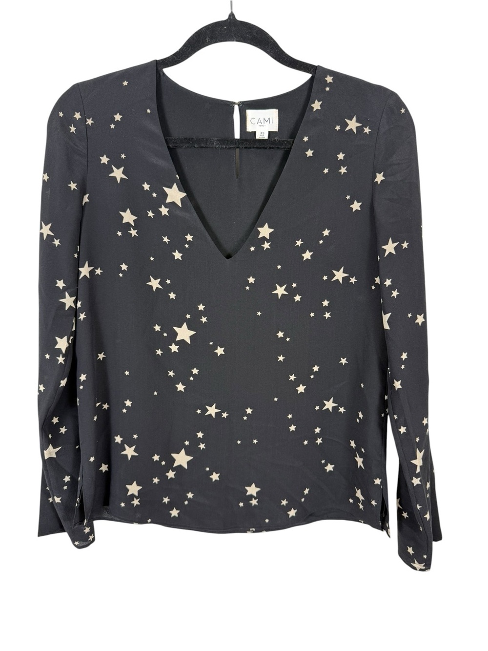 Cami NYC 100% Silk V-Neck Long Sleeve Star Galaxy Blouse Sz XS